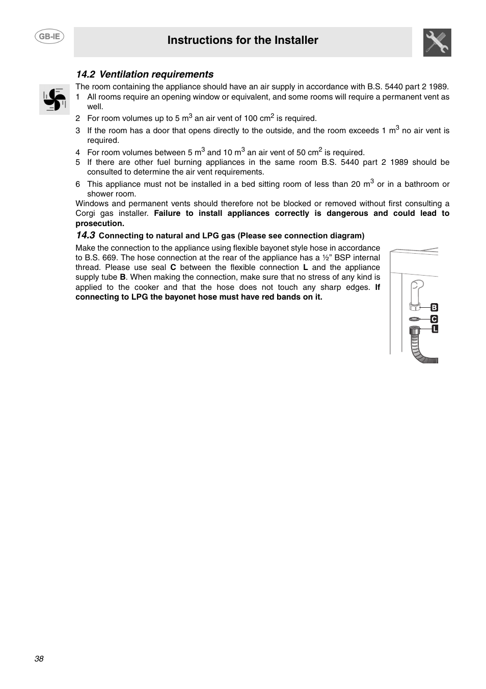 2 ventilation requirements, Instructions for the installer | Smeg C6GMX User Manual | Page 16 / 19