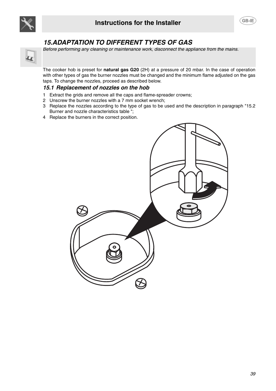 Adaptation to different types of gas, 1 replacement of nozzles on the hob, 4 replace the burners in the correct position | Instructions for the installer | Smeg C6GMX User Manual | Page 17 / 19