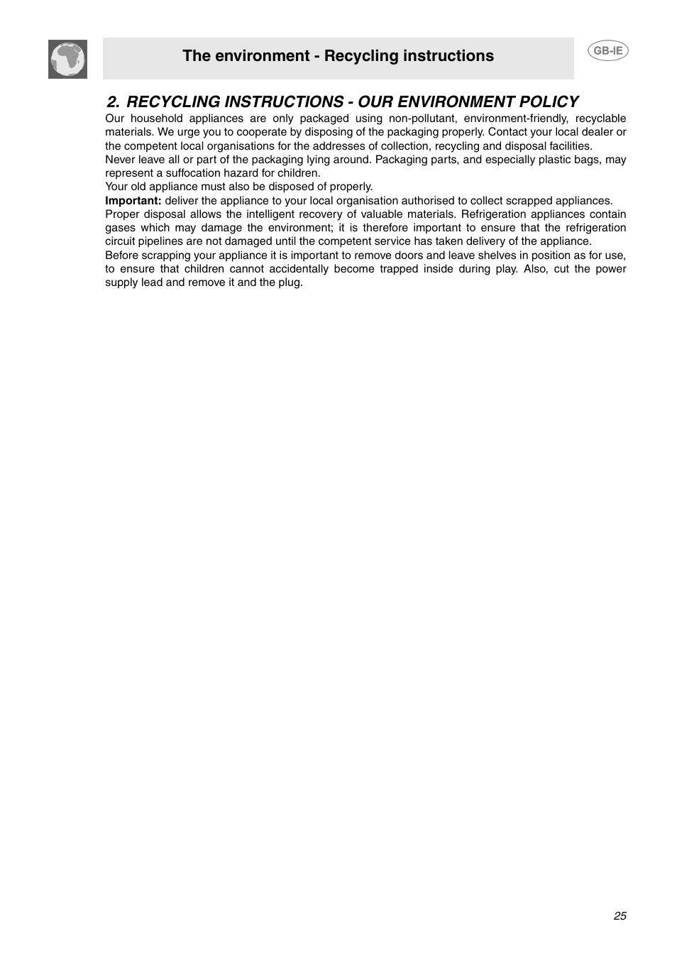 Recycling instructions - our environment policy, The environment - recycling instructions | Smeg C6GMX User Manual | Page 3 / 19