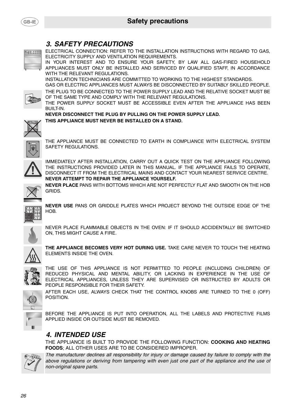 Safety precautions, Intended use, Safety precautions 4. intended use | Smeg C6GMX User Manual | Page 4 / 19