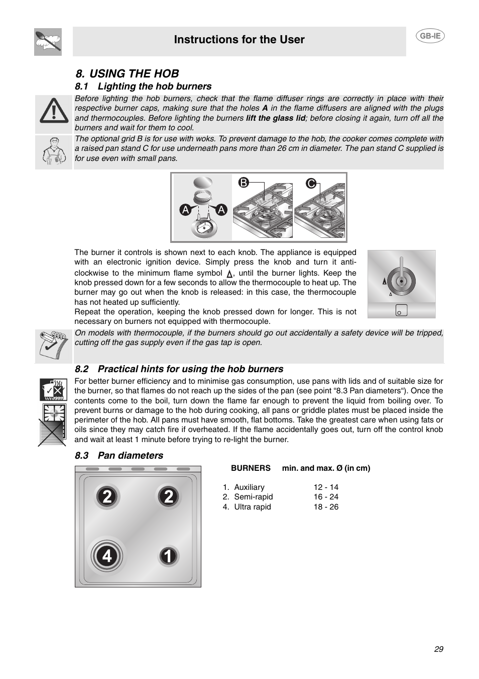 Using the hob, 1 lighting the hob burners, 2 practical hints for using the hob burners | 3 pan diameters, Instructions for the user | Smeg C6GMX User Manual | Page 7 / 19