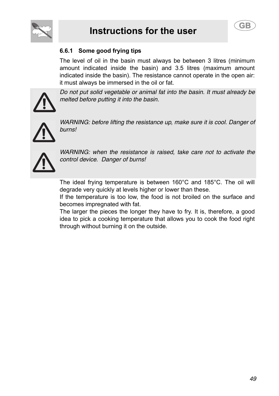 1 some good frying tips, Instructions for the user | Smeg A31G7IXIA User Manual | Page 13 / 32