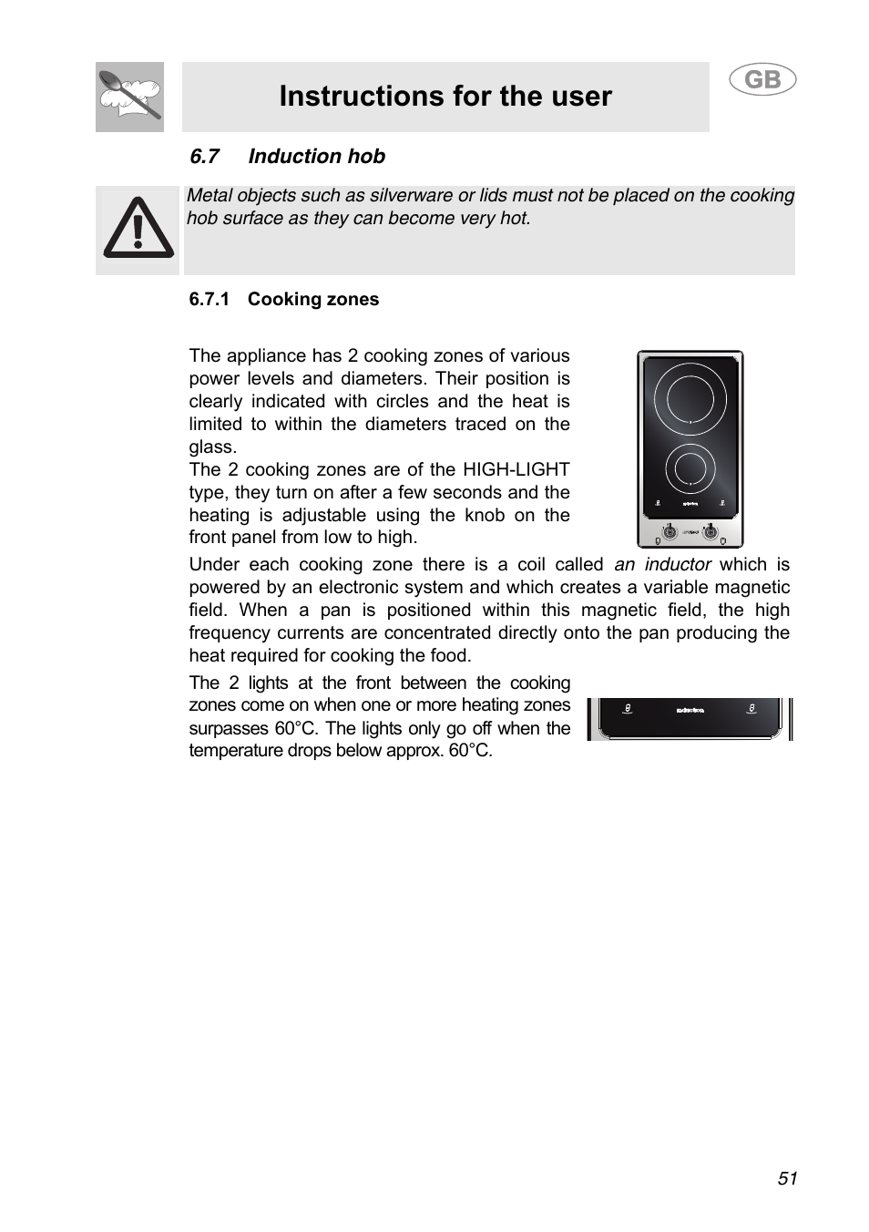 7 induction hob, 1 cooking zones, Instructions for the user | Smeg A31G7IXIA User Manual | Page 15 / 32