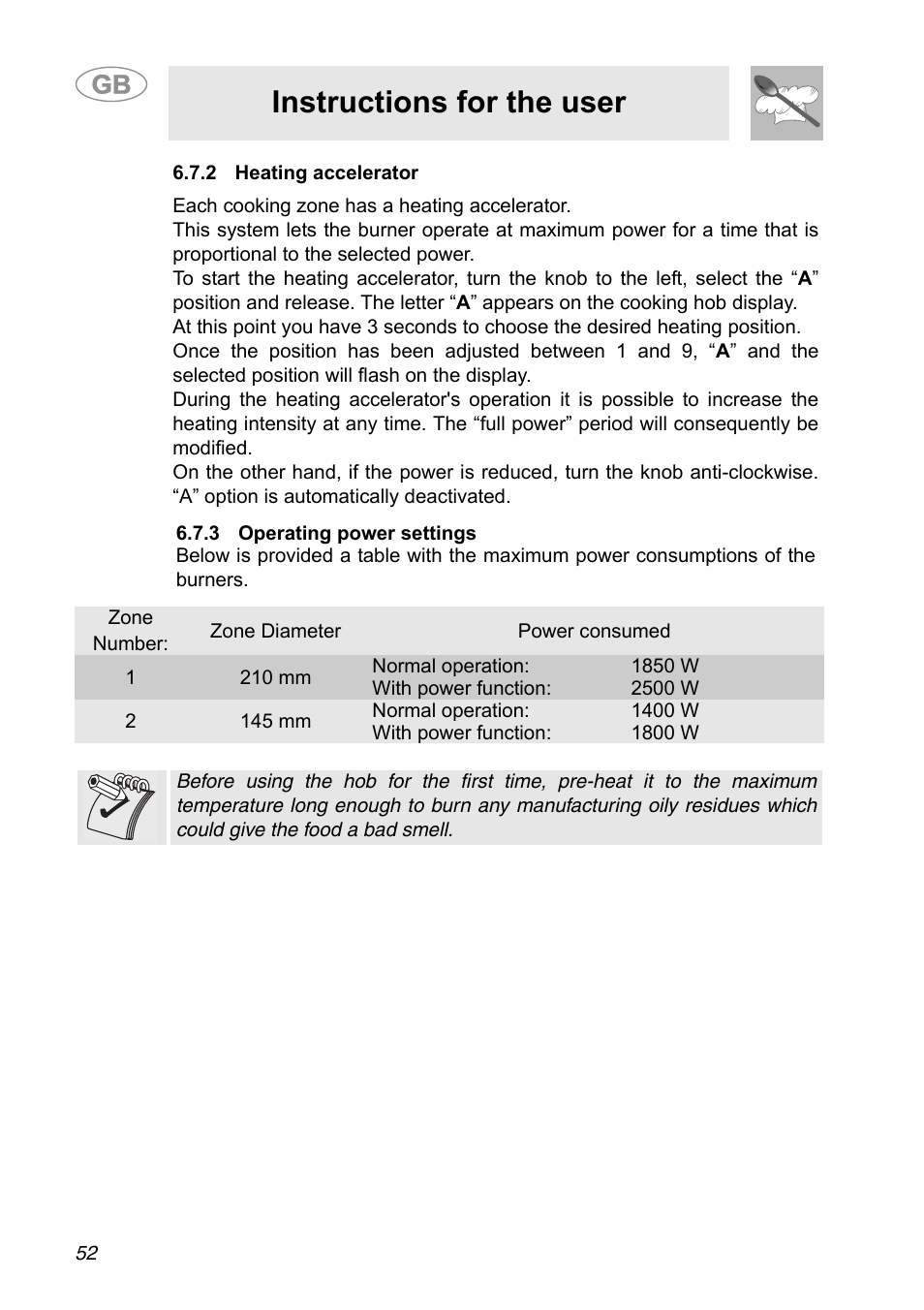 2 heating accelerator, 3 operating power settings, Instructions for the user | Smeg A31G7IXIA User Manual | Page 16 / 32