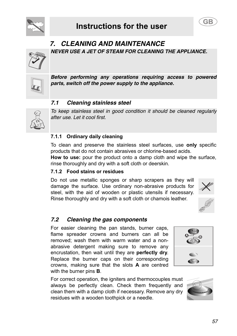 Cleaning and maintenance, 1 cleaning stainless steel, 1 ordinary daily cleaning | 2 food stains or residues, 2 cleaning the gas components, Instructions for the user | Smeg A31G7IXIA User Manual | Page 21 / 32