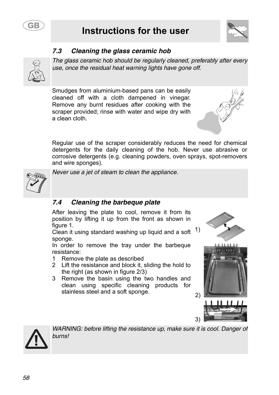 3 cleaning the glass ceramic hob, 4 cleaning the barbeque plate, 1 remove the plate as described | Instructions for the user | Smeg A31G7IXIA User Manual | Page 22 / 32