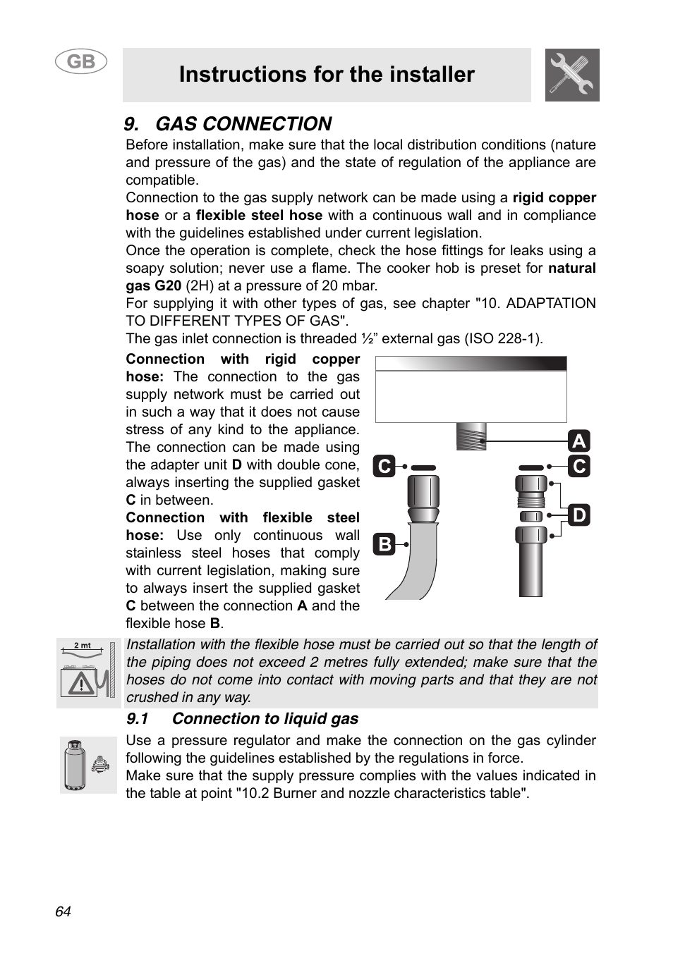 Gas connection, 1 connection to liquid gas, Instructions for the installer | Smeg A31G7IXIA User Manual | Page 28 / 32