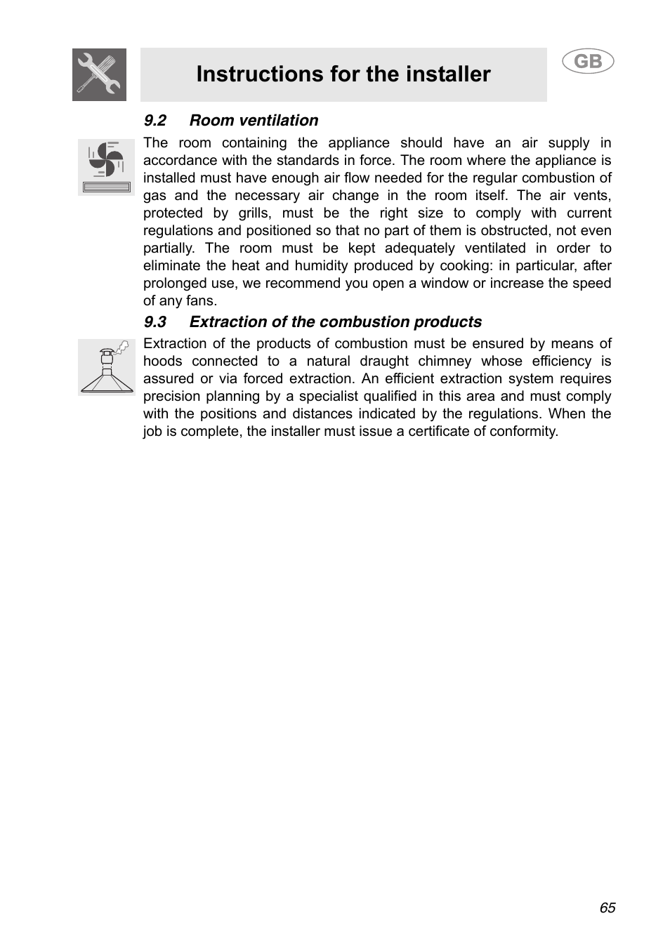 2 room ventilation, 3 extraction of the combustion products, Instructions for the installer | Smeg A31G7IXIA User Manual | Page 29 / 32