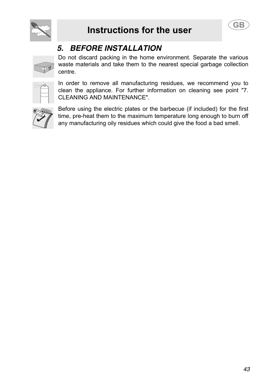 Before installation, Instructions for the user | Smeg A31G7IXIA User Manual | Page 7 / 32