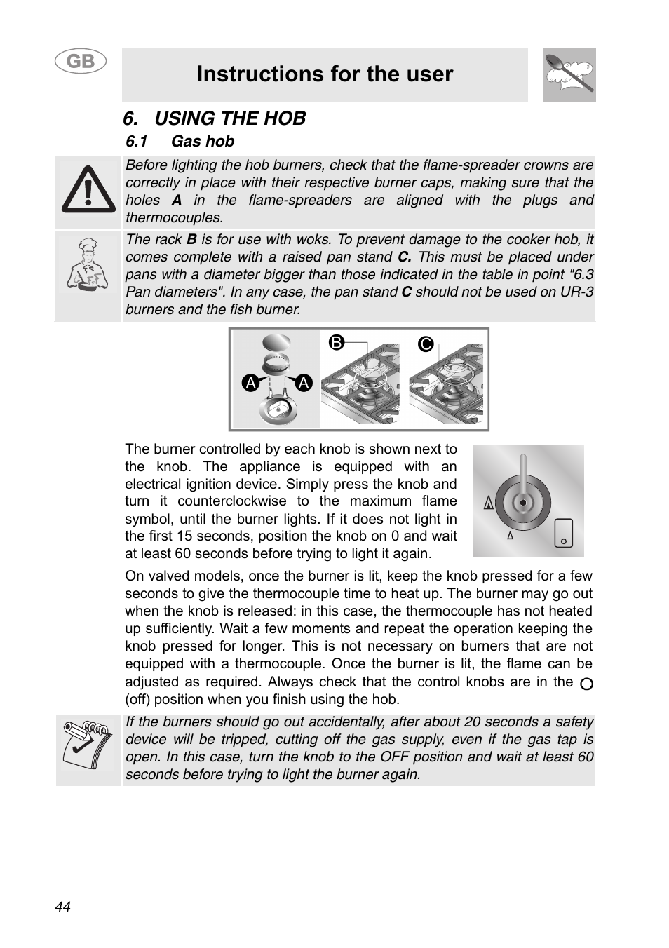 Using the hob, 1 gas hob, Instructions for the user | Smeg A31G7IXIA User Manual | Page 8 / 32