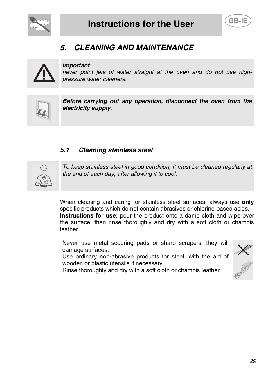 Cleaning and maintenance, 1 cleaning stainless steel, Instructions for the user | Smeg ALFA135BE User Manual | Page 12 / 15