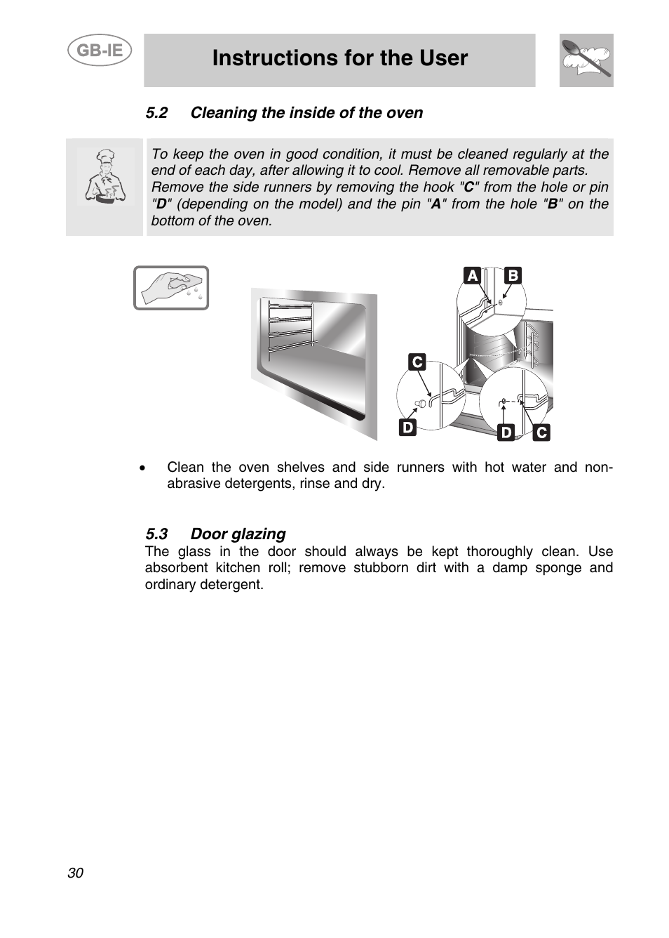 Cleaning the inside of the oven, 3 door glazing, Instructions for the user | 2 cleaning the inside of the oven | Smeg ALFA135BE User Manual | Page 13 / 15