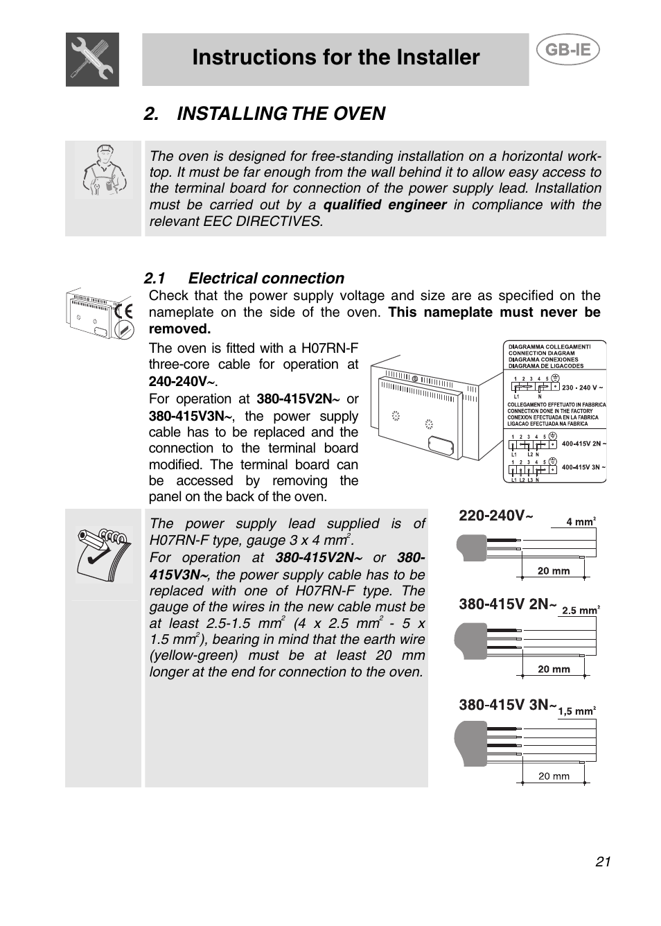 Installing the oven, 1 electrical connection, Instructions for the installer | Smeg ALFA135BE User Manual | Page 4 / 15