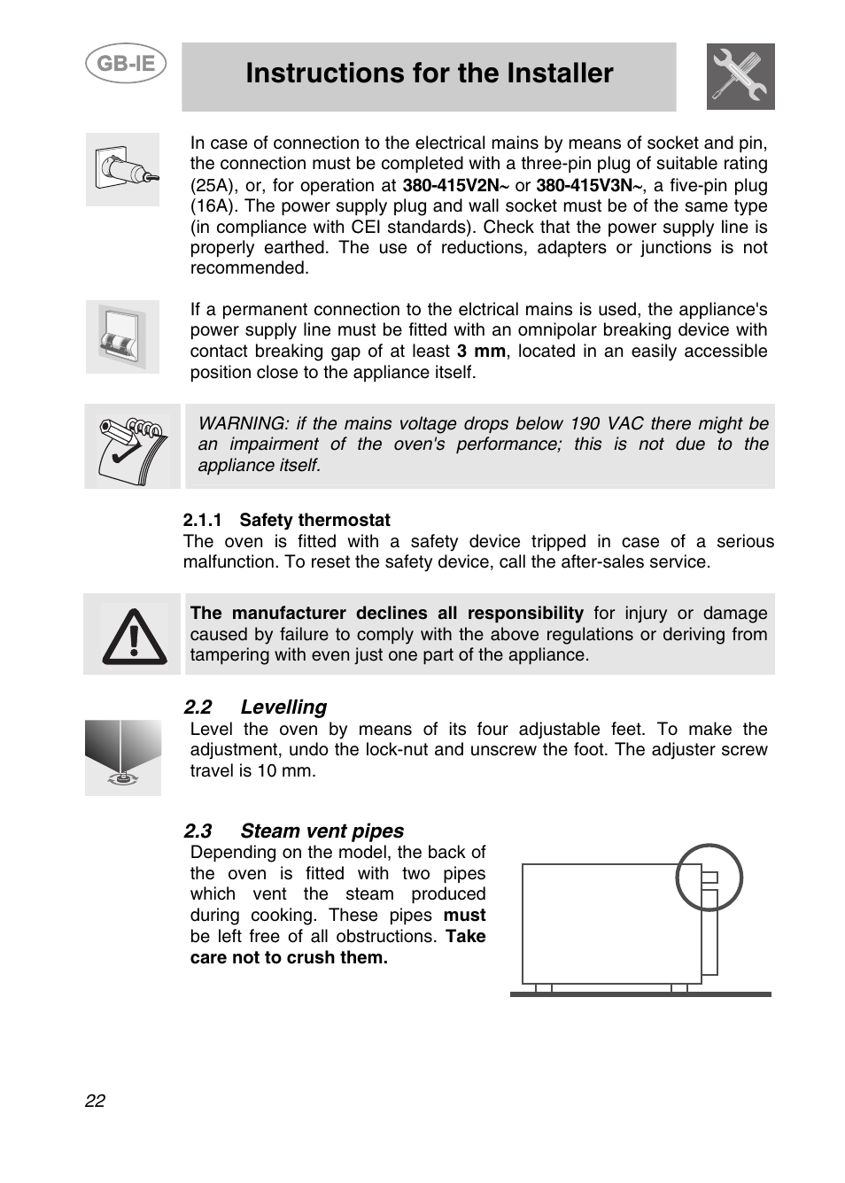 1 safety thermostat, 2 levelling, 3 steam vent pipes | Instructions for the installer | Smeg ALFA135BE User Manual | Page 5 / 15