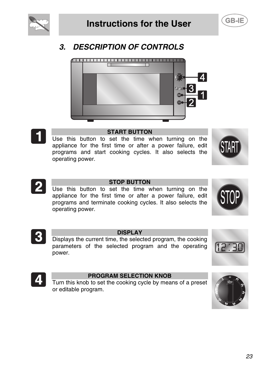 Description of controls, Instructions for the user | Smeg ALFA135BE User Manual | Page 6 / 15