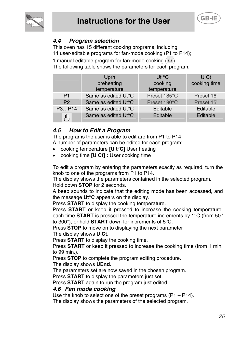 4 program selection, 5 how to edit a program, Fan mode cooking | Instructions for the user | Smeg ALFA135BE User Manual | Page 8 / 15