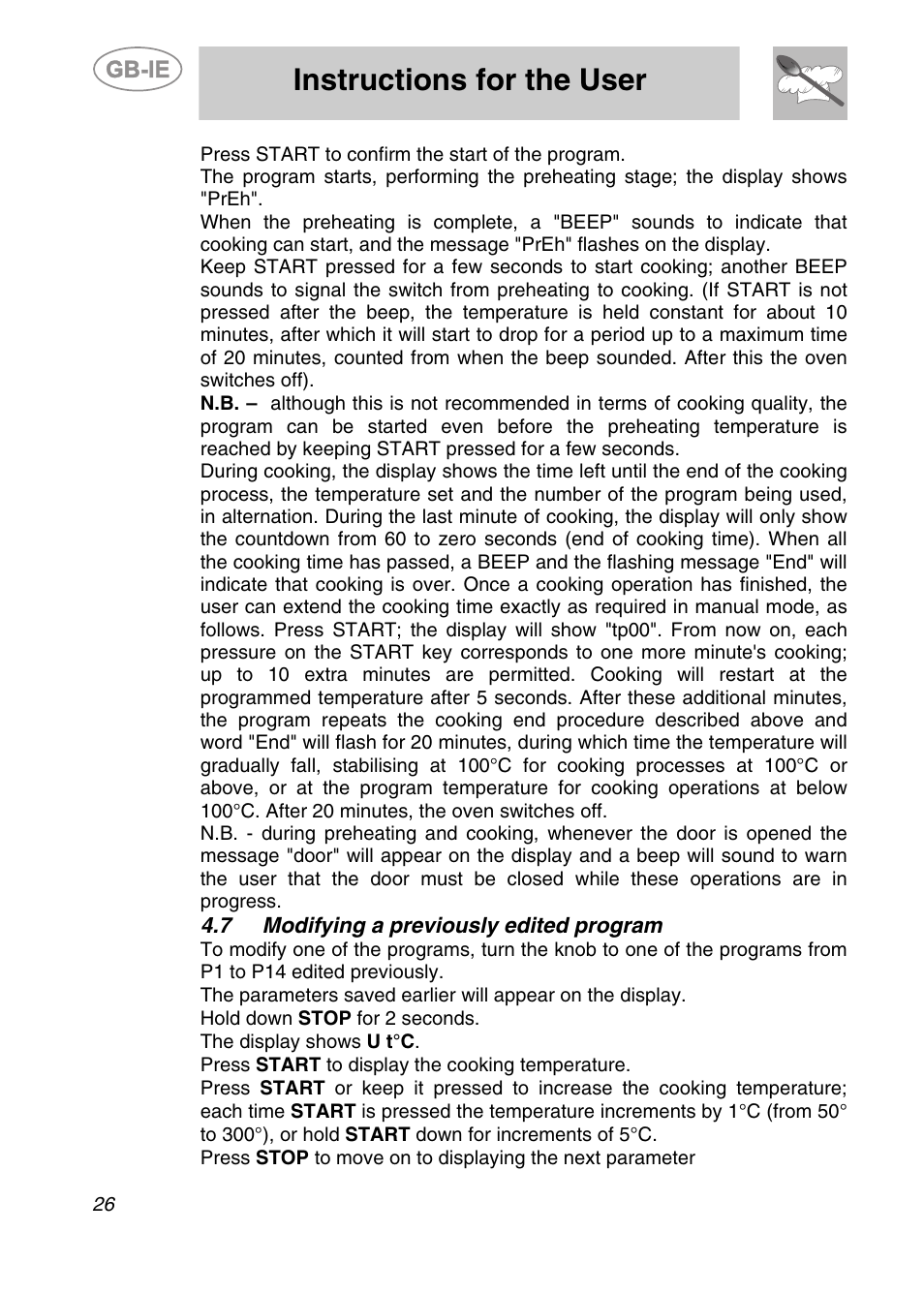 Modifying a previously edited program, Instructions for the user | Smeg ALFA135BE User Manual | Page 9 / 15