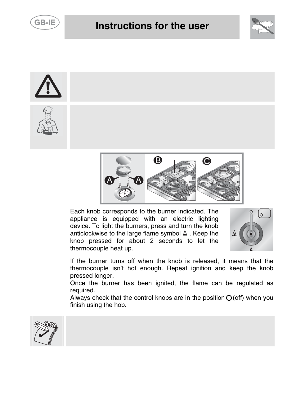 Use of the cooking hob, 1 lighting the burners, Instructions for the user | Smeg PS9R-3 User Manual | Page 10 / 12