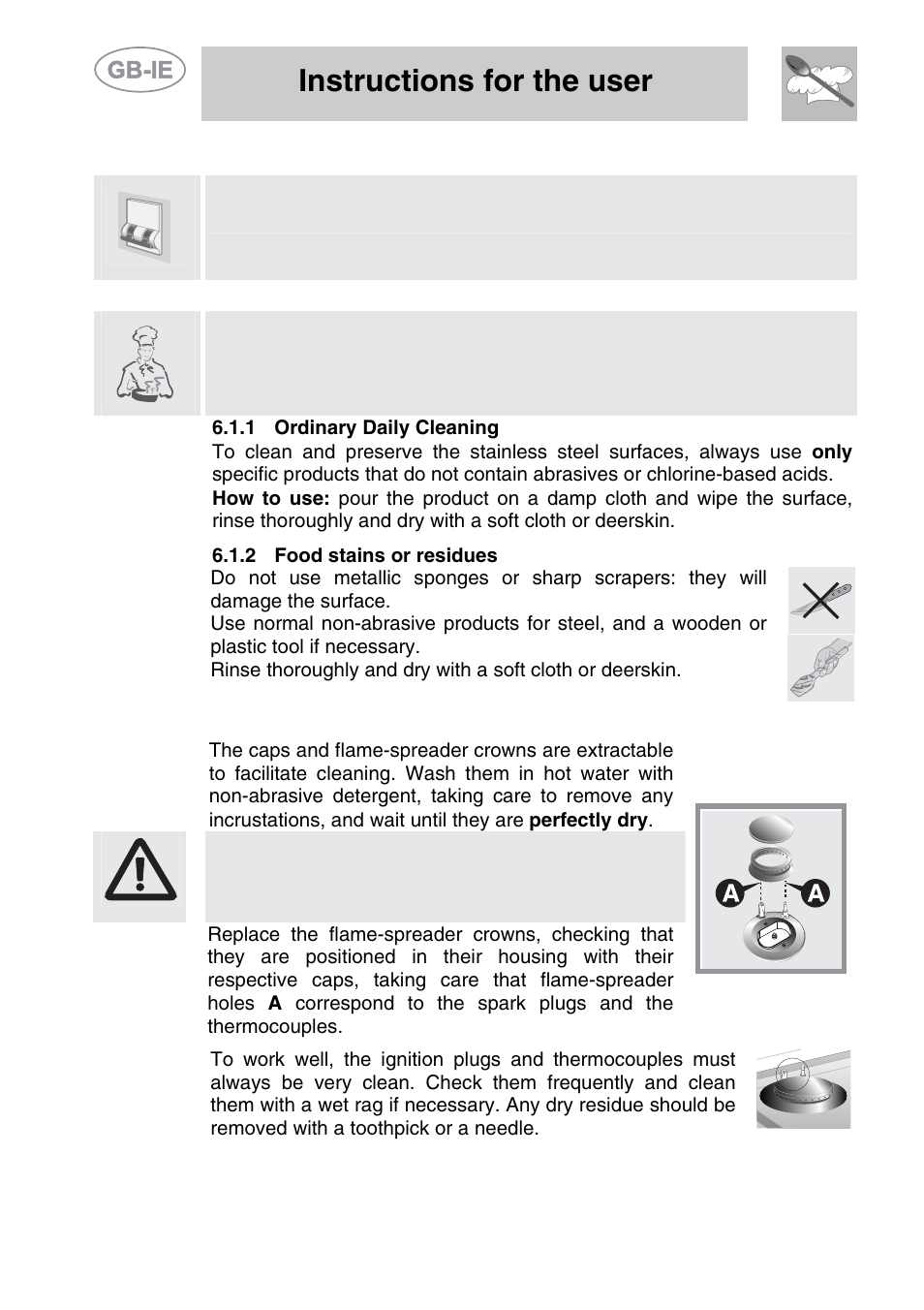Cleaning and maintenance, 1 cleaning stainless steel, 1 ordinary daily cleaning | 2 food stains or residues, 2 cleaning of cooking hob components, Instructions for the user | Smeg PS9R-3 User Manual | Page 12 / 12