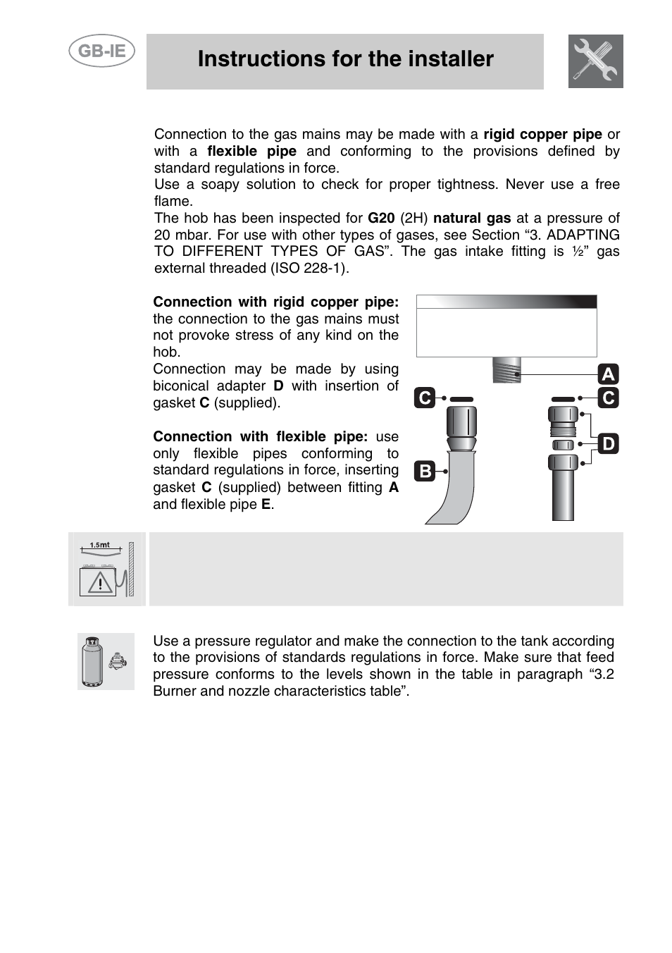 5 gas connection, 6 connection to lpg, Instructions for the installer | Smeg PS9R-3 User Manual | Page 6 / 12