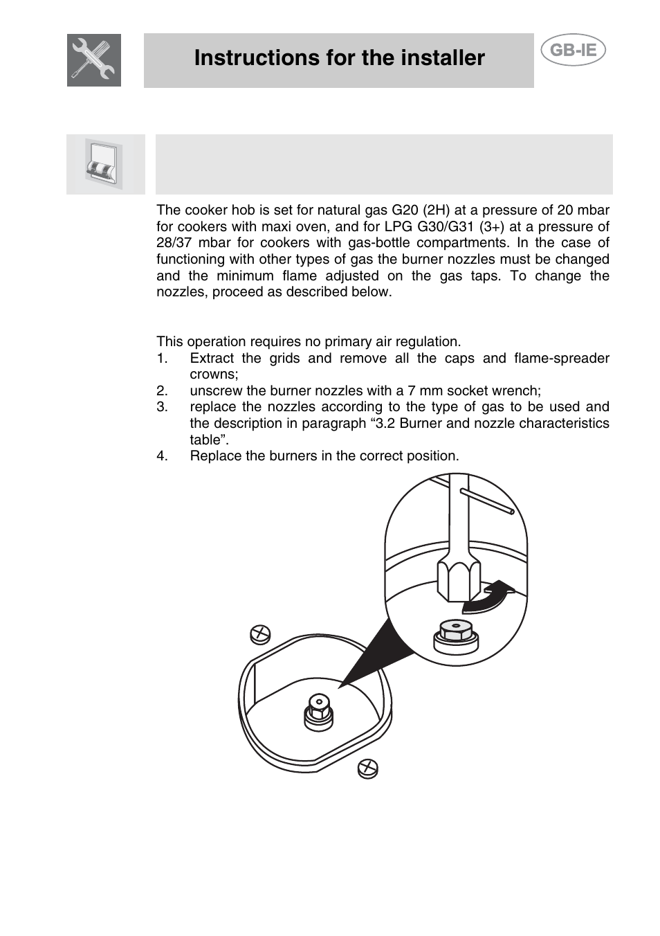 Adaptation to different types of gas, 1 replacement of nozzles on the hob, Instructions for the installer | Smeg PS9R-3 User Manual | Page 7 / 12