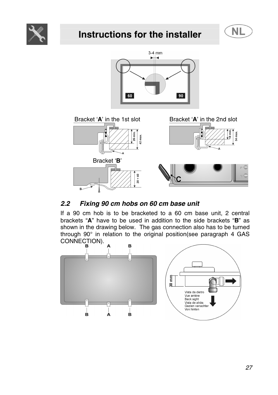 2 fixing 90 cm hobs on 60 cm base unit, Instructions for the installer | Smeg GKC95-3 User Manual | Page 5 / 20