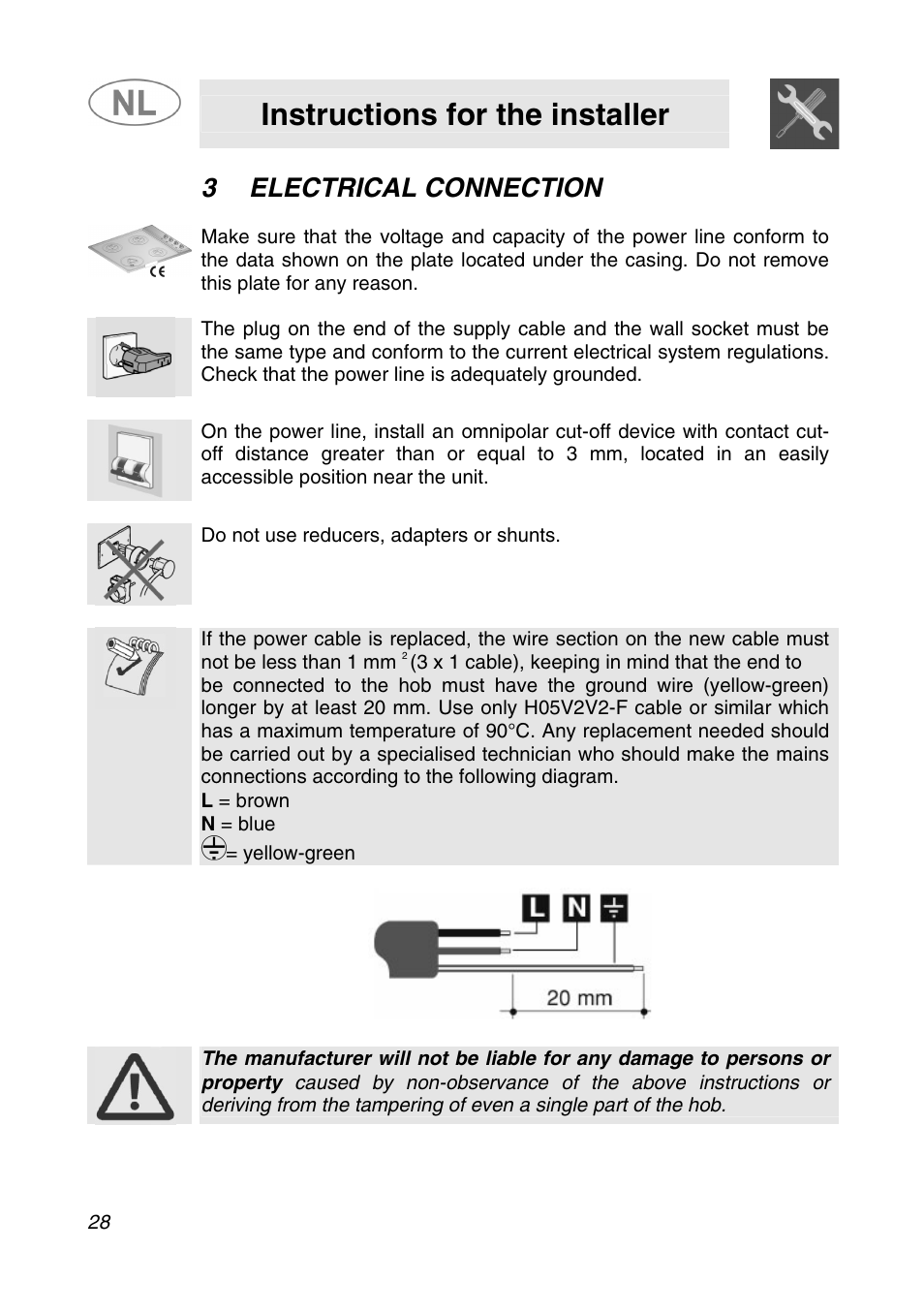 3 electrical connection, Electrical connection, Instructions for the installer | Smeg GKC95-3 User Manual | Page 6 / 20