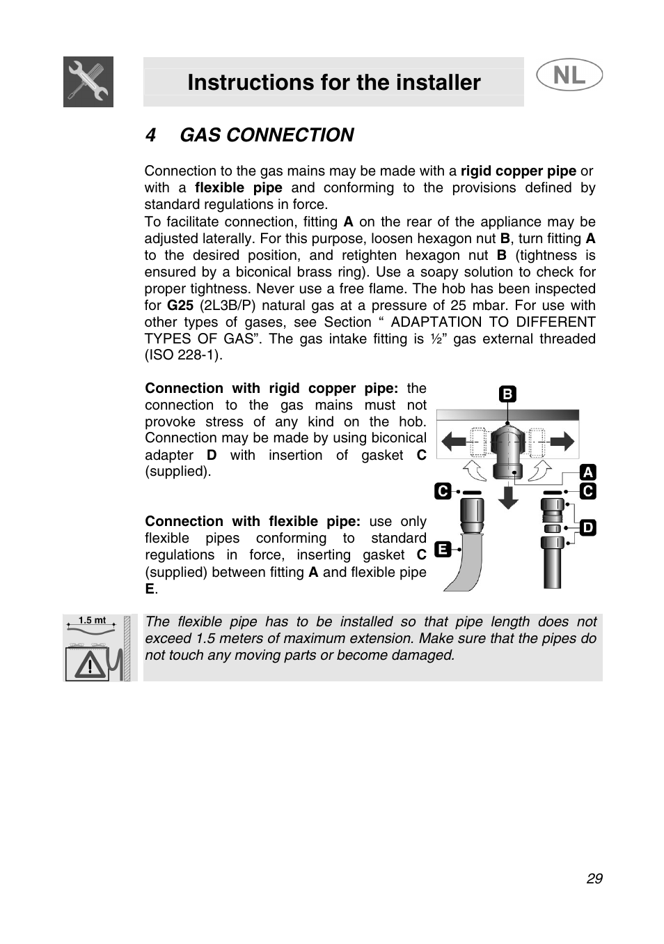 4 gas connection, Gas connection, Instructions for the installer | Smeg GKC95-3 User Manual | Page 7 / 20