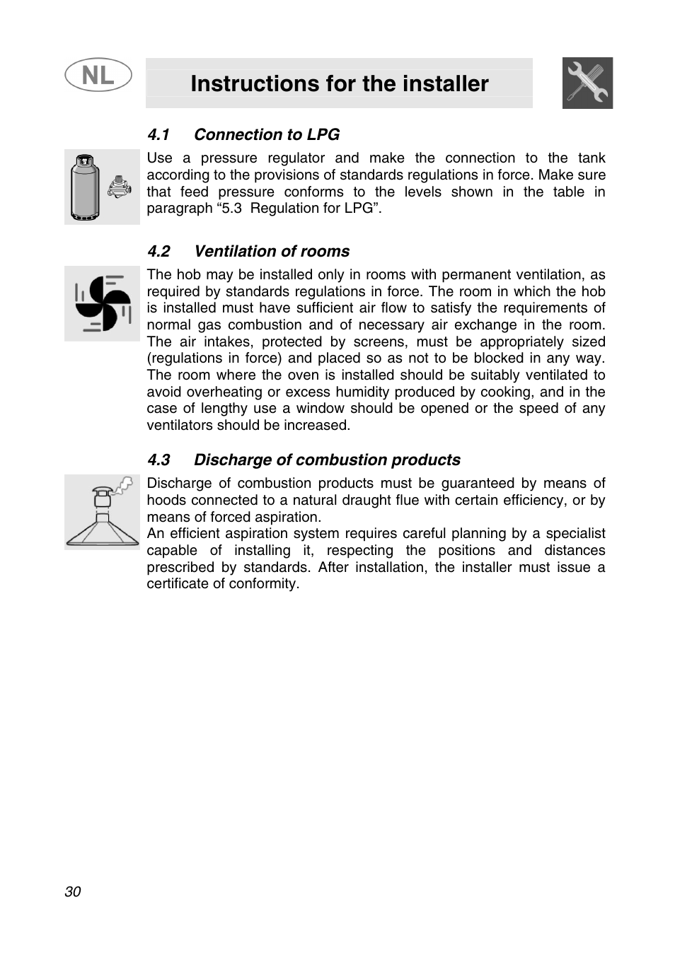 1 connection to lpg, 2 ventilation of rooms, 3 discharge of combustion products | Instructions for the installer | Smeg GKC95-3 User Manual | Page 8 / 20
