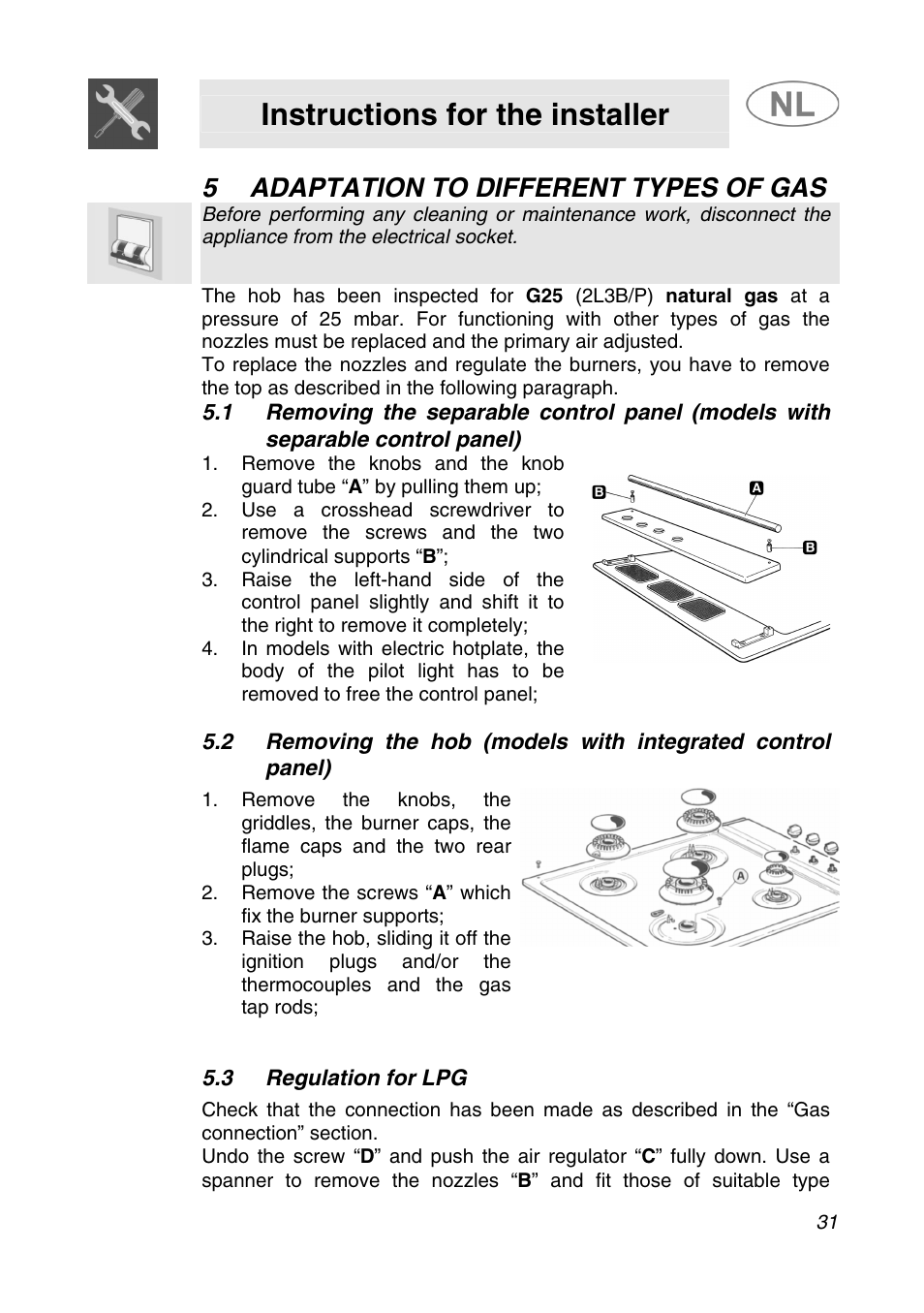 5 adaptation to different types of gas, 3 regulation for lpg, Adaptation to different types of gas | Instructions for the installer | Smeg GKC95-3 User Manual | Page 9 / 20