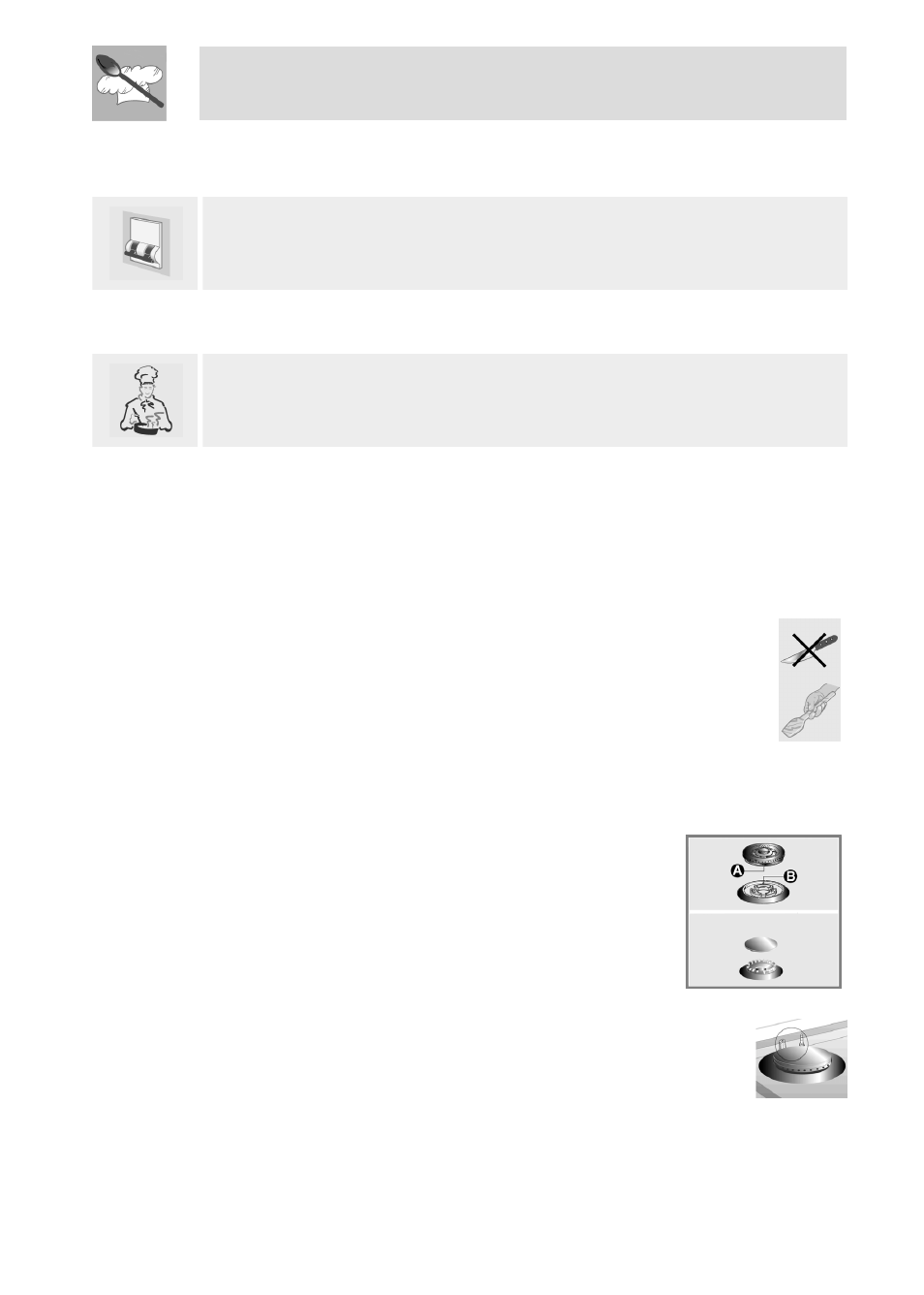 Cleaning and maintenance, Cleaning stainless steel, Ordinary daily cleaning | Food stains or residues, Cleaning of cooking hob components, Instructions for the user, 1 cleaning stainless steel, 2 cleaning of cooking hob components | Smeg PGFA95F User Manual | Page 17 / 20