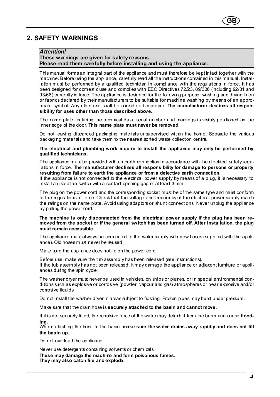 Safety warnings, Attention | Smeg Integrated Washer WDI16BA User Manual | Page 4 / 31
