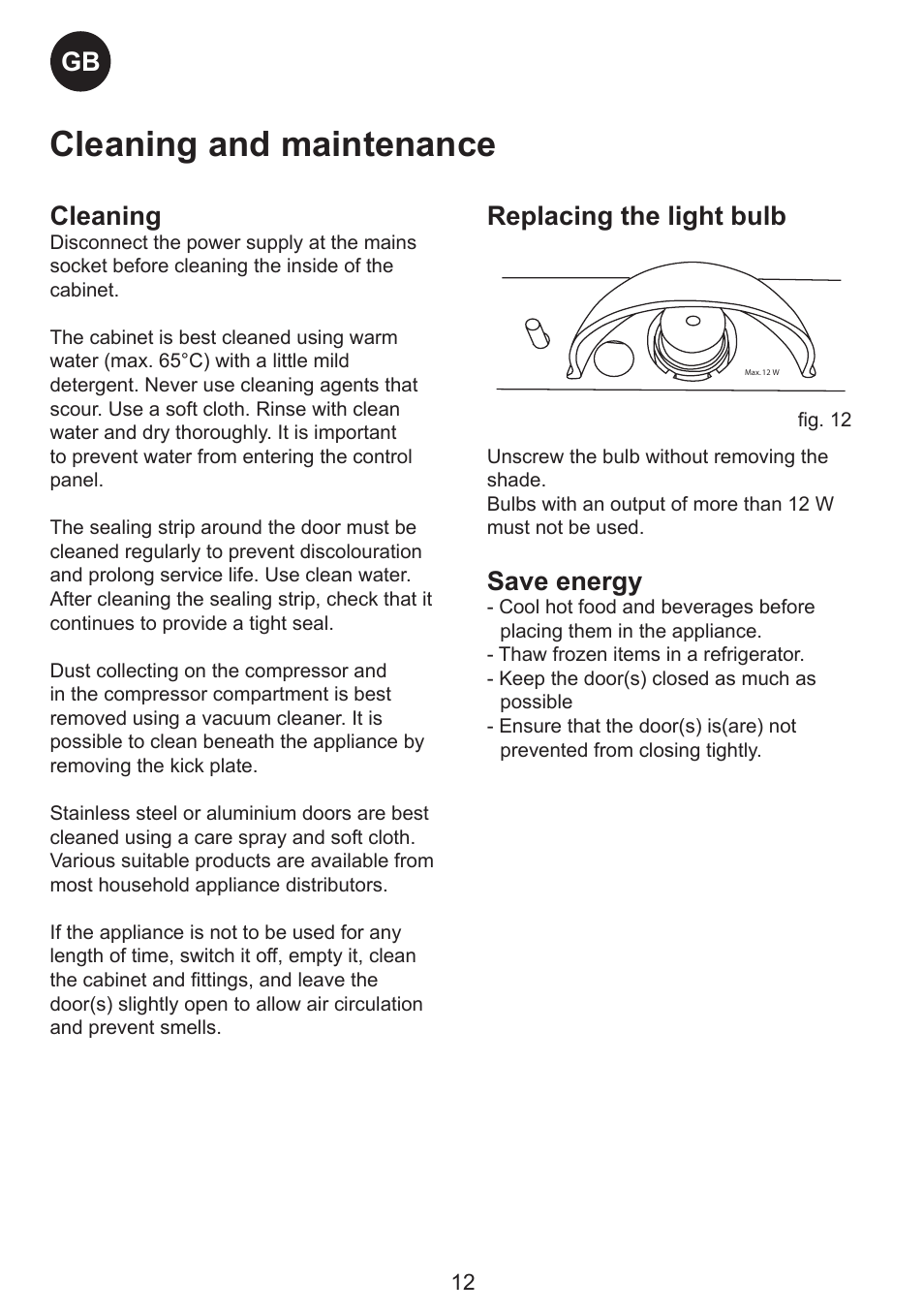 Cleaning and maintenance, Gb cleaning, Replacing the light bulb | Save energy | Smeg CV35XS5 User Manual | Page 12 / 15