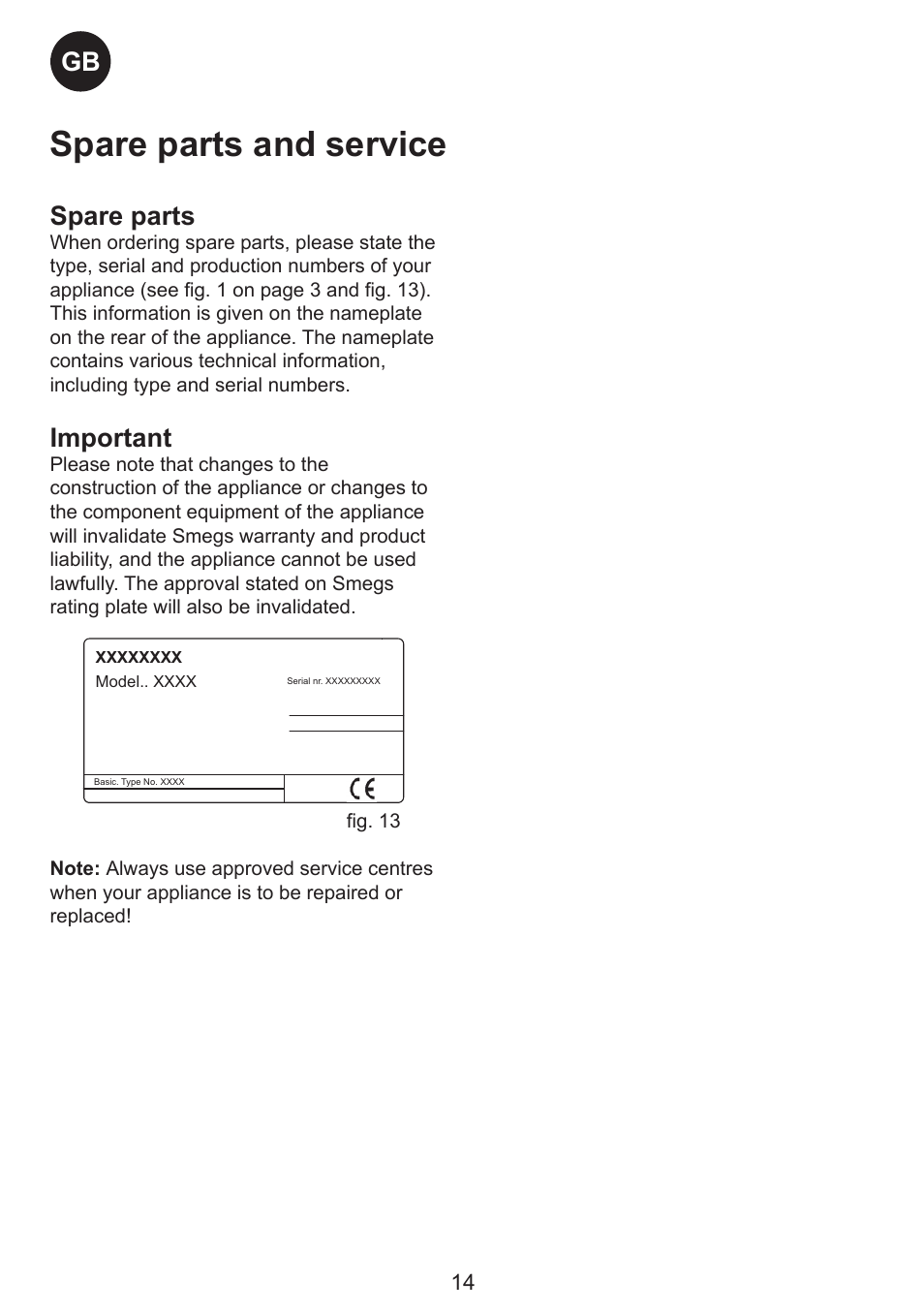 Spare parts and service, Gb spare parts, Important | Smeg CV35XS5 User Manual | Page 14 / 15