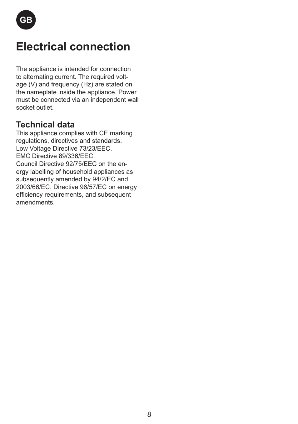 Electrical connection, Technical data | Smeg CV35XS5 User Manual | Page 8 / 15