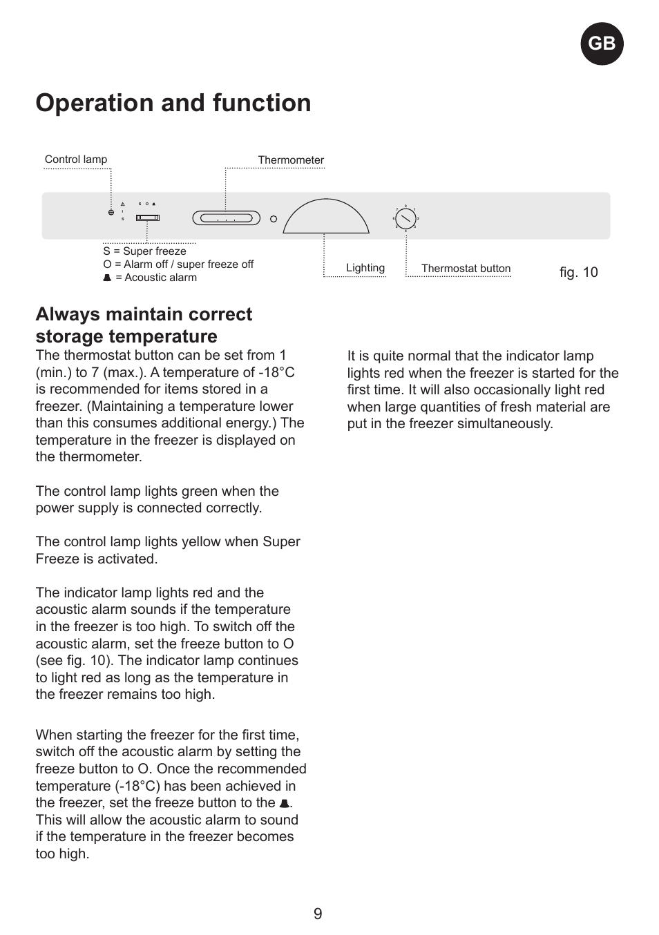 Operation and function, Gb always maintain correct storage temperature | Smeg CV35XS5 User Manual | Page 9 / 15