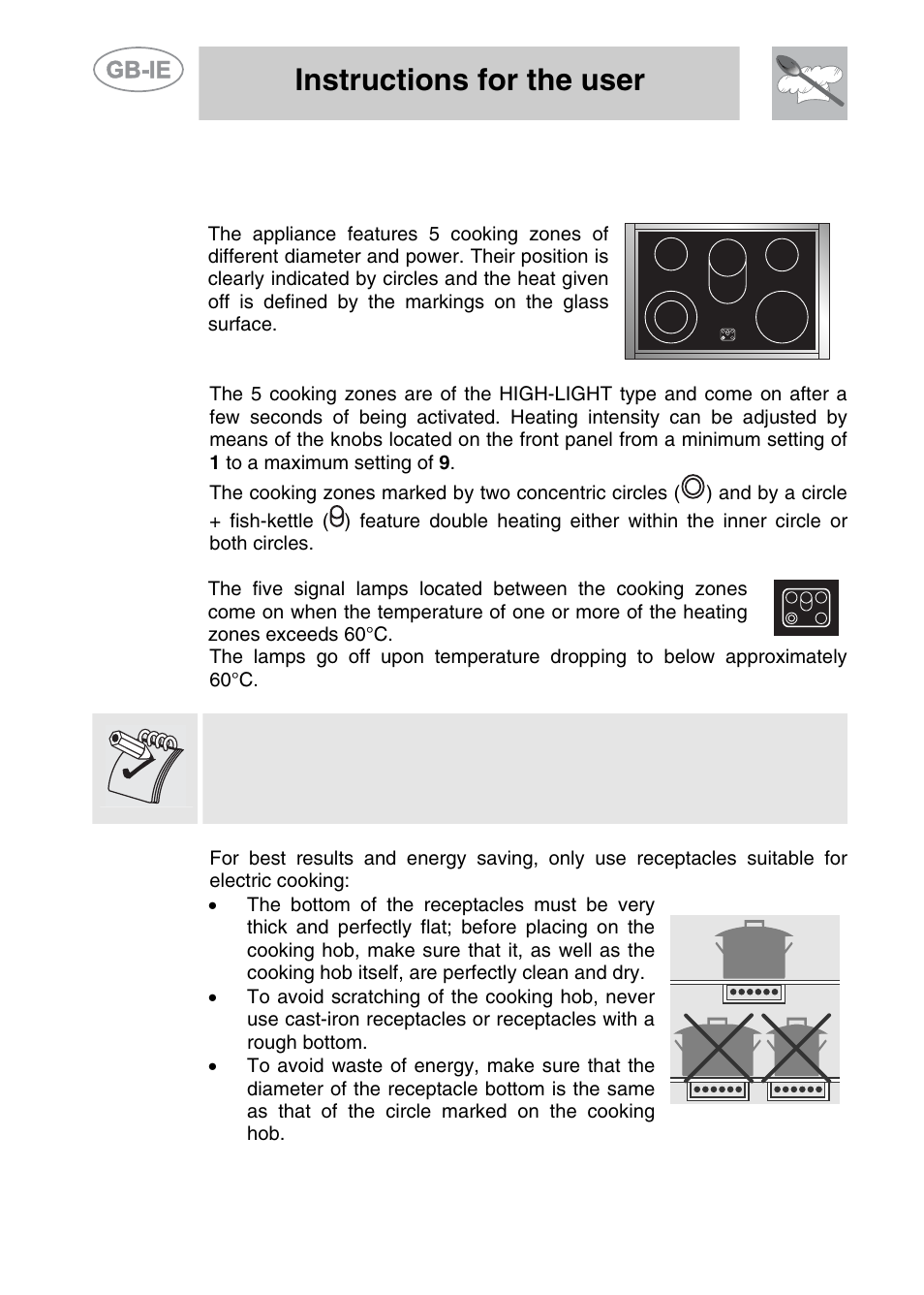 Use of the cooking hob, 1 cooking zones, Instructions for the user | Smeg A11CER-6 User Manual | Page 12 / 26