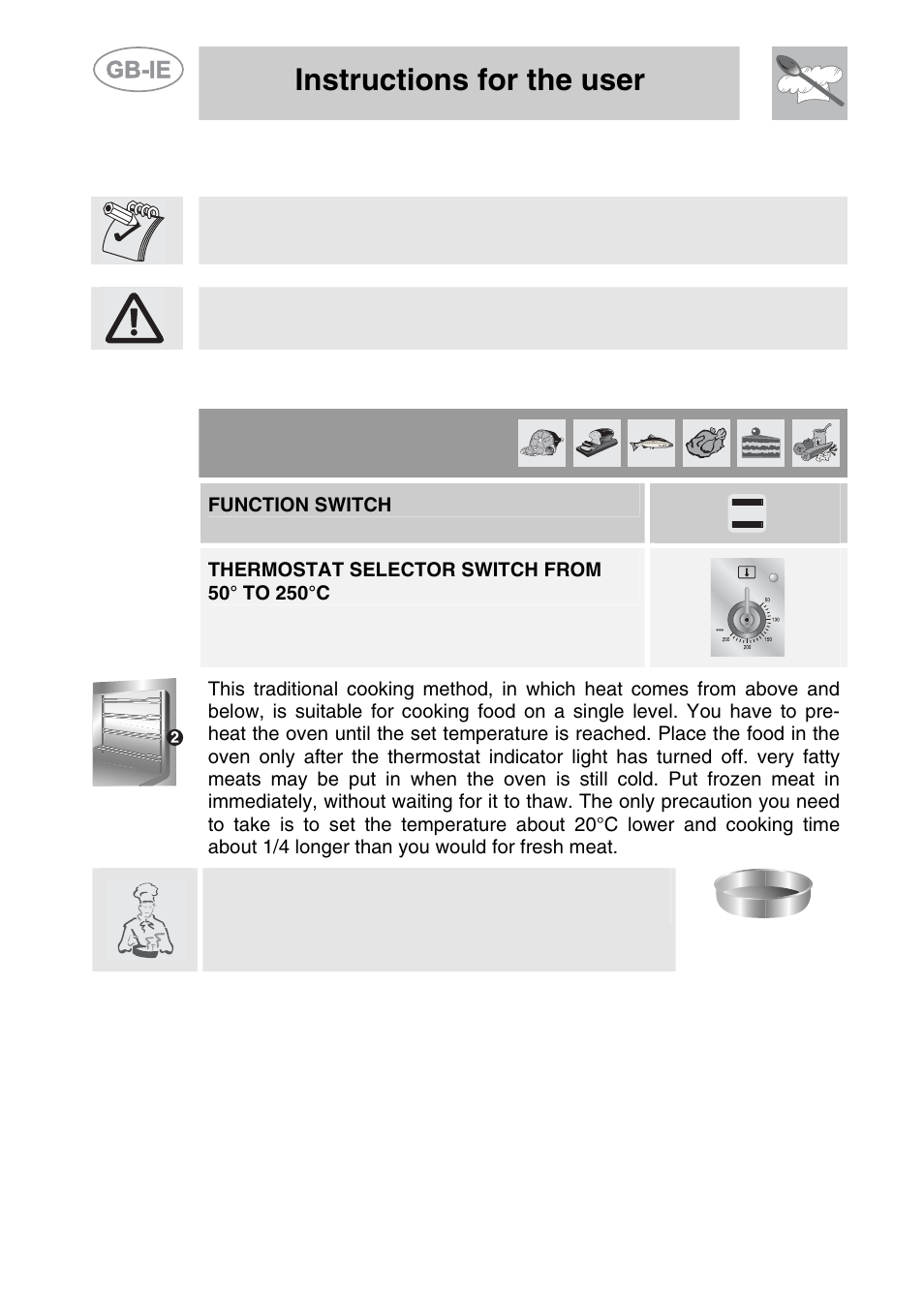 Cooking hints, 1 traditional cooking, Instructions for the user | Function switch | Smeg A11CER-6 User Manual | Page 16 / 26