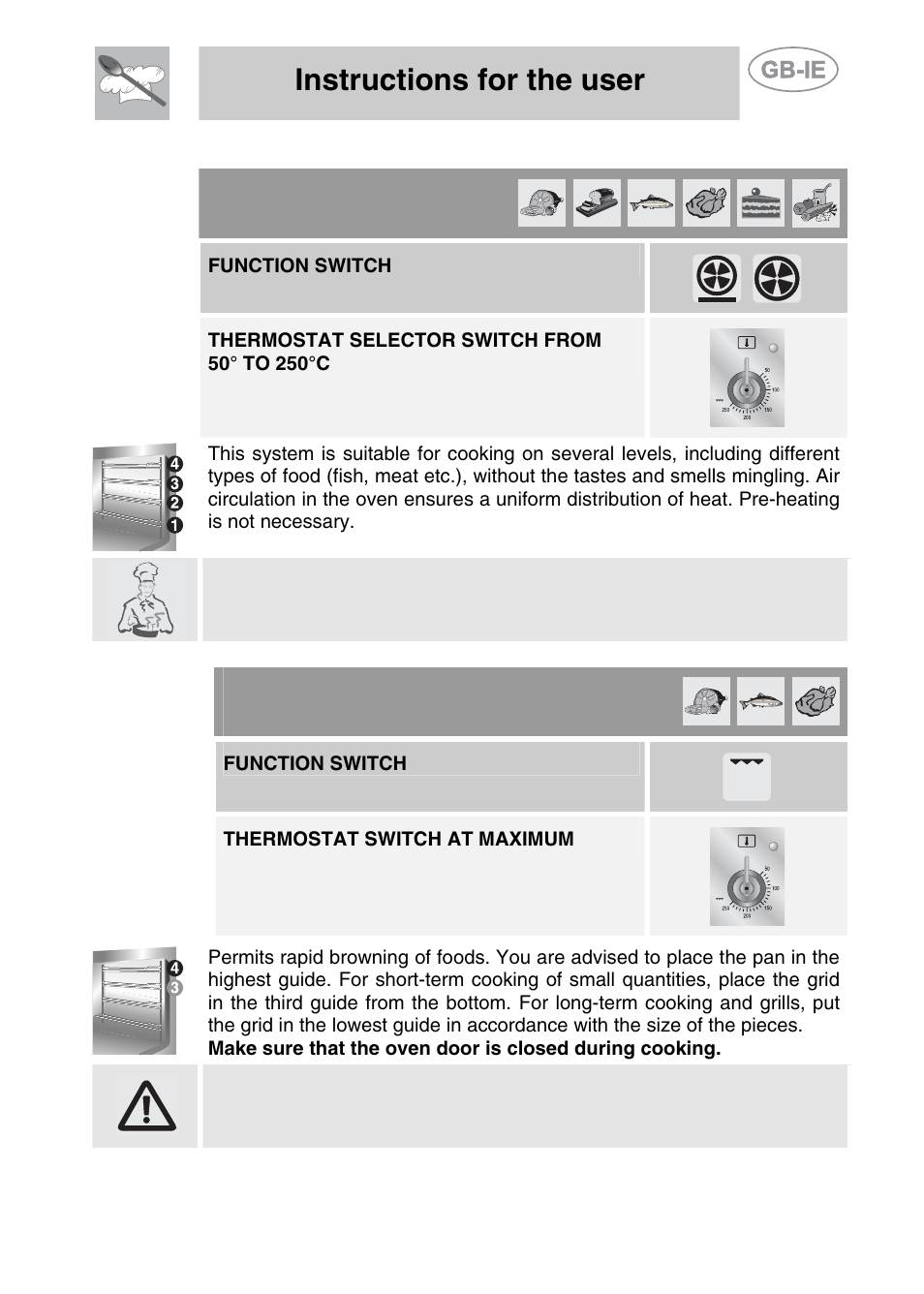 2 hot-air cooking, 3 grill cooking, Instructions for the user | Function switch, Thermostat switch at maximum | Smeg A11CER-6 User Manual | Page 17 / 26