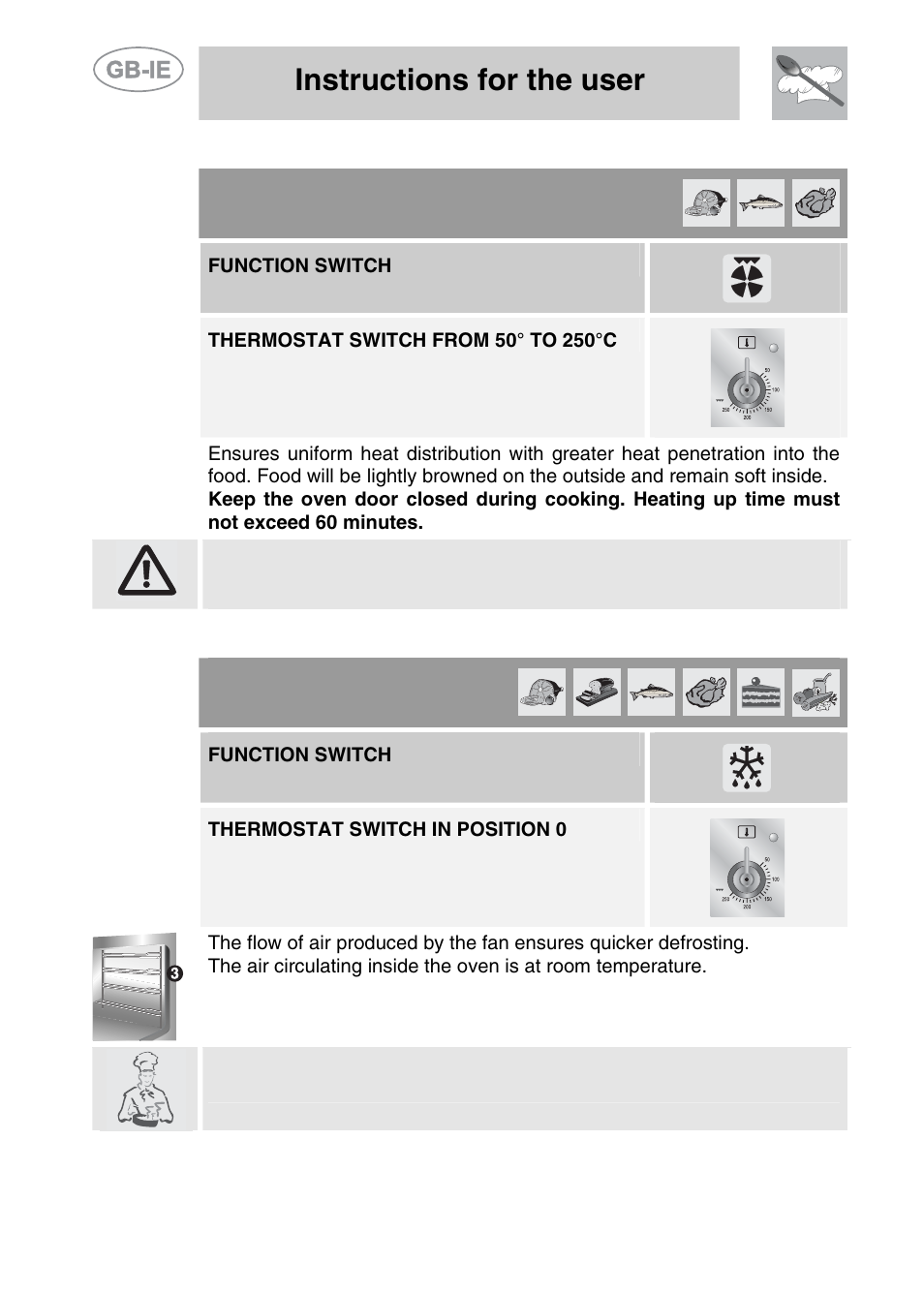 4 hot-air grilling, 5 defrosting, Instructions for the user | Function switch, Thermostat switch in position 0 | Smeg A11CER-6 User Manual | Page 18 / 26