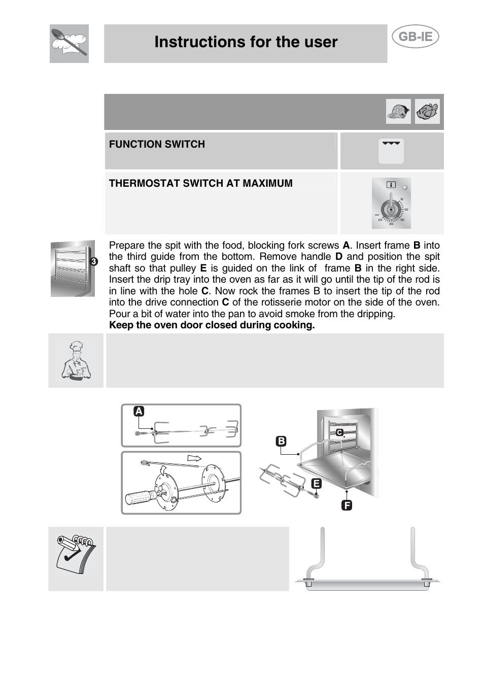 6 spit cooking, Instructions for the user, Function switch | Thermostat switch at maximum | Smeg A11CER-6 User Manual | Page 19 / 26