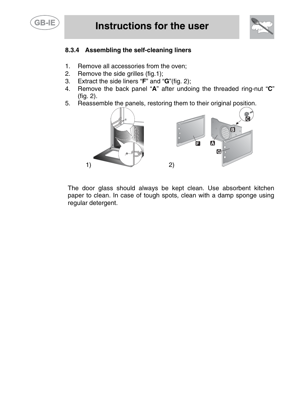 4 assembling the self-cleaning liners, 4 door glass, Instructions for the user | Smeg A11CER-6 User Manual | Page 24 / 26