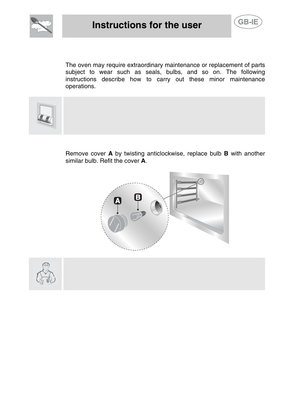 Extraordinary maintenance, 1 replacement of light bulb, Instructions for the user | Smeg A11CER-6 User Manual | Page 25 / 26