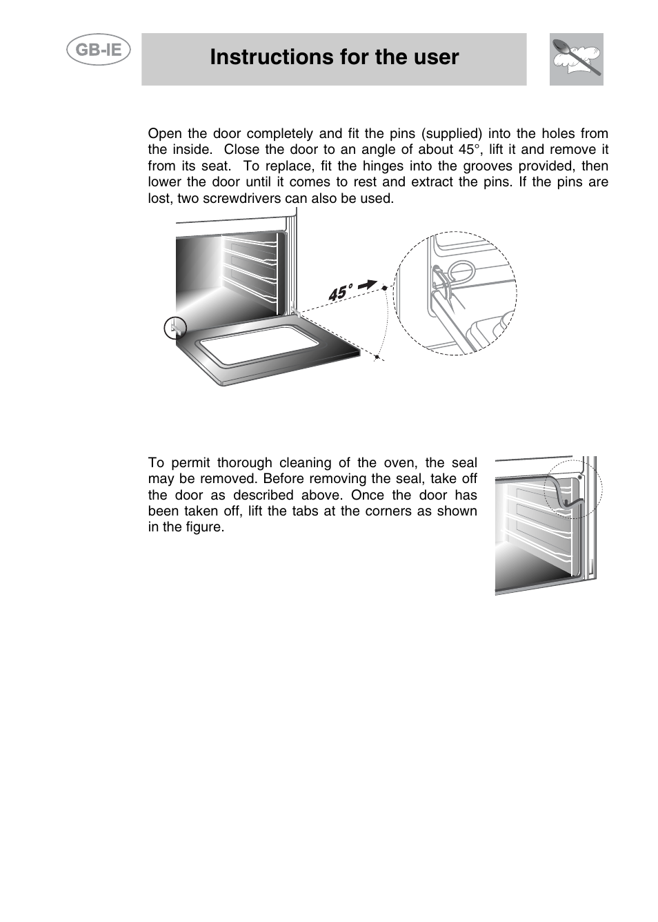 Removing the door, 3 oven door seal, Instructions for the user | Smeg A11CER-6 User Manual | Page 26 / 26