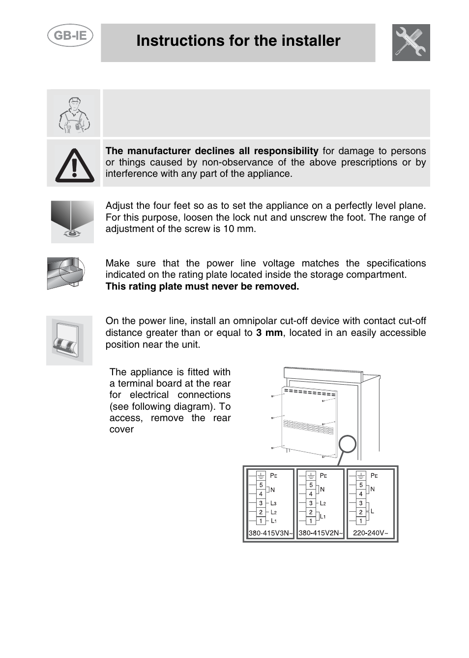 Installation of the appliance, 1 levelling, 2 electrical connection | Instructions for the installer | Smeg A11CER-6 User Manual | Page 4 / 26