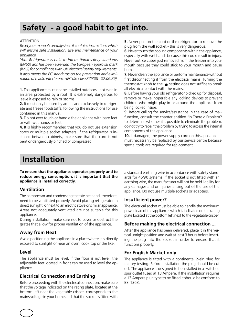 Installation, Safety - a good habit to get into | Smeg FR228SE User Manual | Page 3 / 8