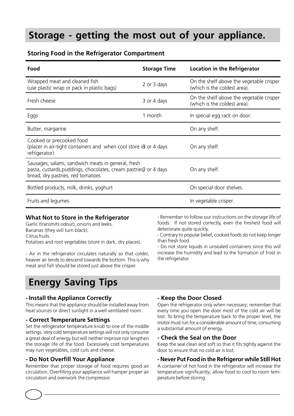 Energy saving tips, Storage - getting the most out of your appliance | Smeg FR228SE User Manual | Page 5 / 8