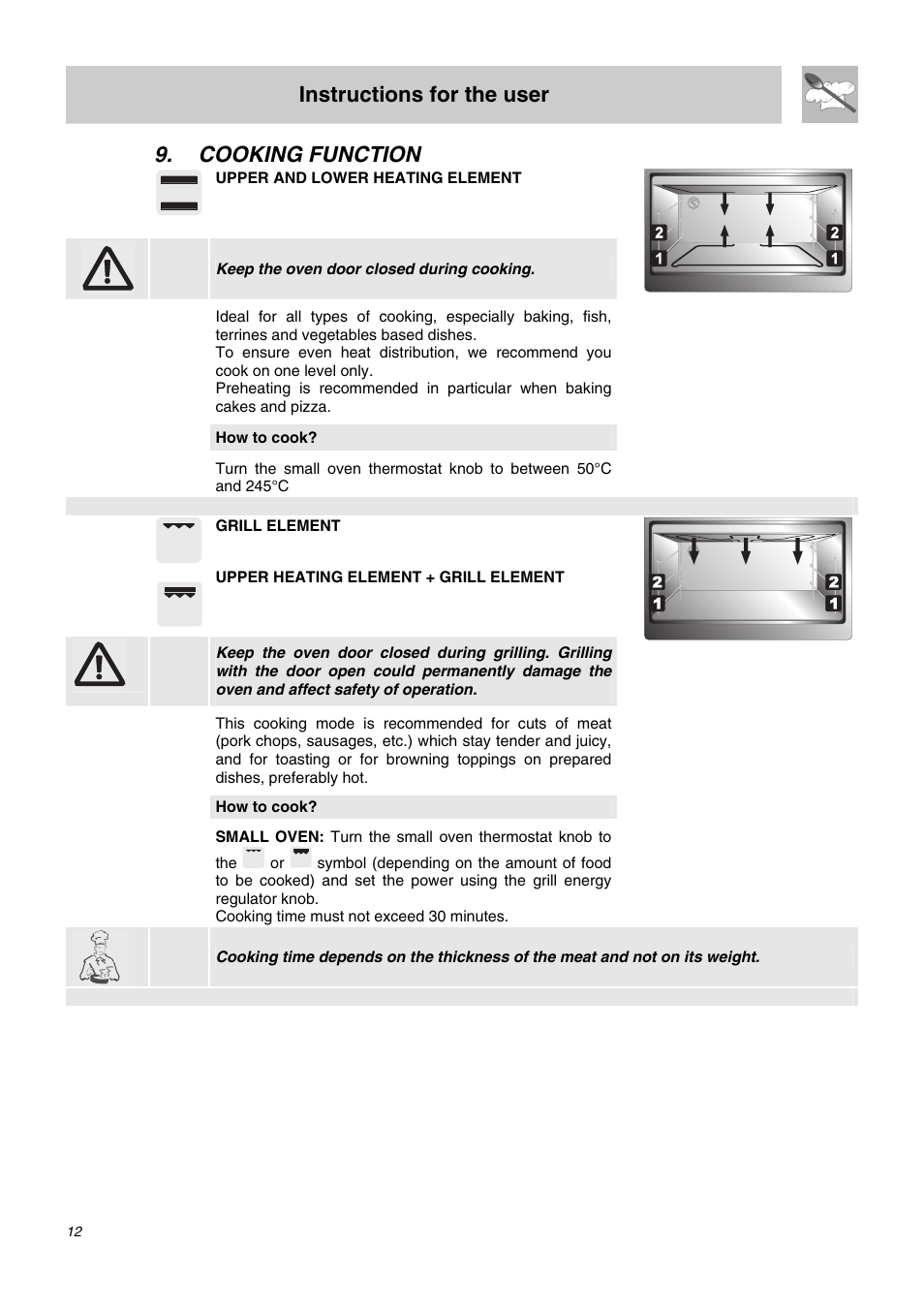 Cooking function, Instructions for the user | Smeg SA62MFX5 User Manual | Page 10 / 24