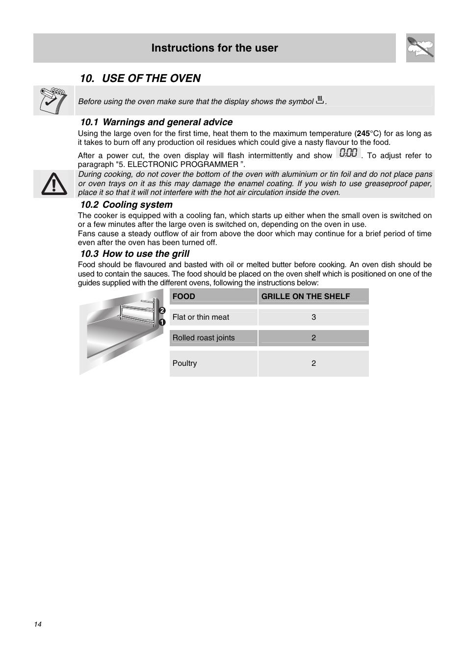 Use of the oven, 1 warnings and general advice, 2 cooling system | 3 how to use the grill, Instructions for the user | Smeg SA62MFX5 User Manual | Page 12 / 24