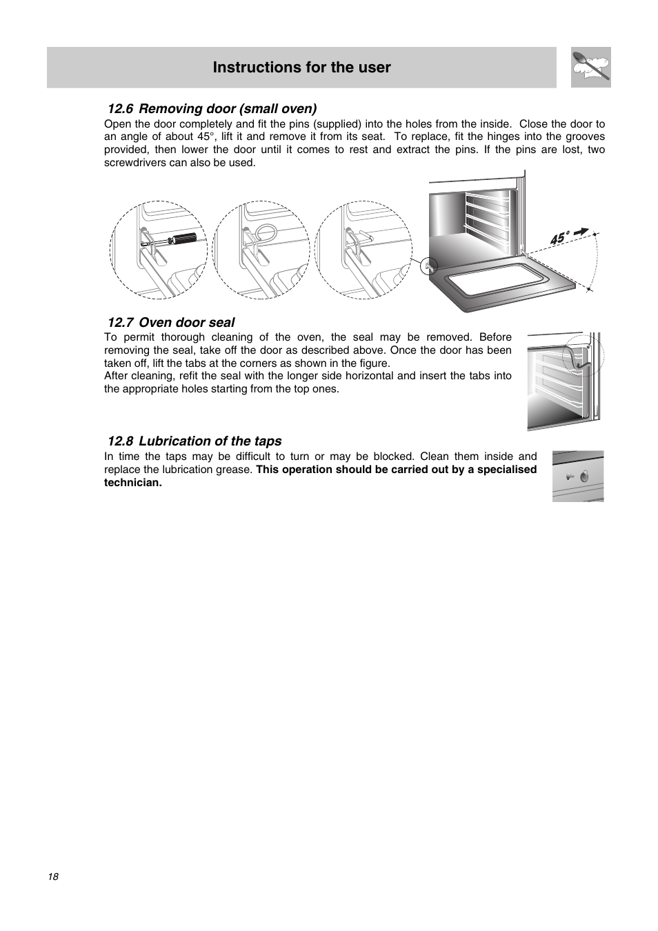6 removing door (small oven), 7 oven door seal, 8 lubrication of the taps | Instructions for the user | Smeg SA62MFX5 User Manual | Page 16 / 24